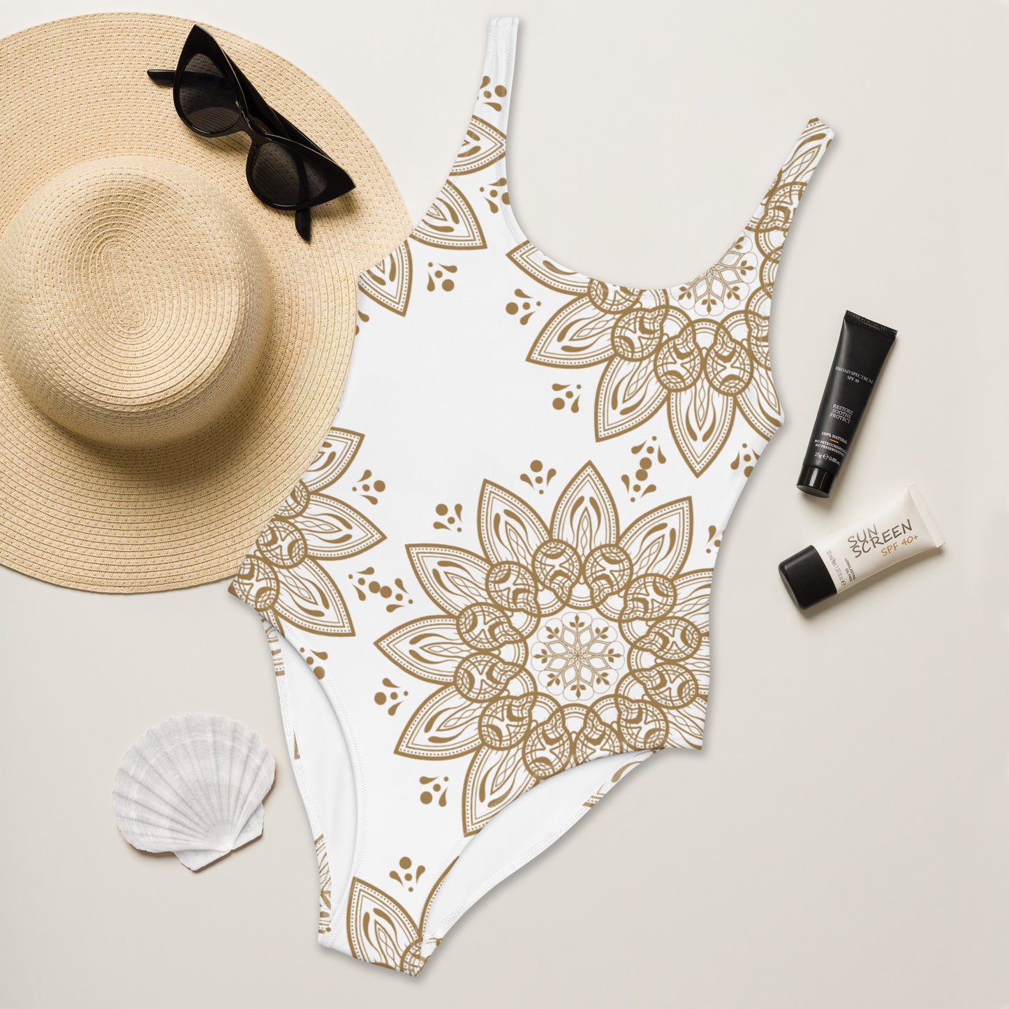 White and Gold One-Piece Swimsuit