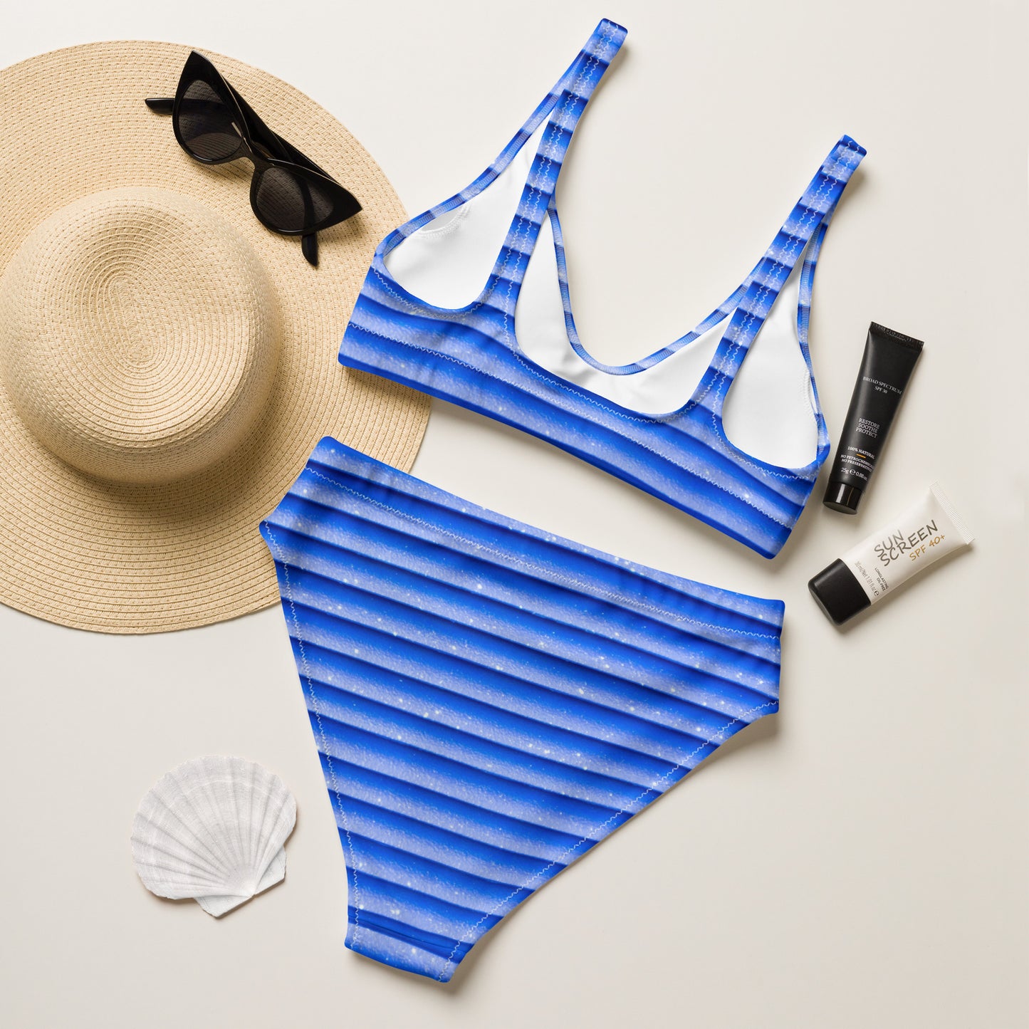 Striped Blue High-Waisted Bikini