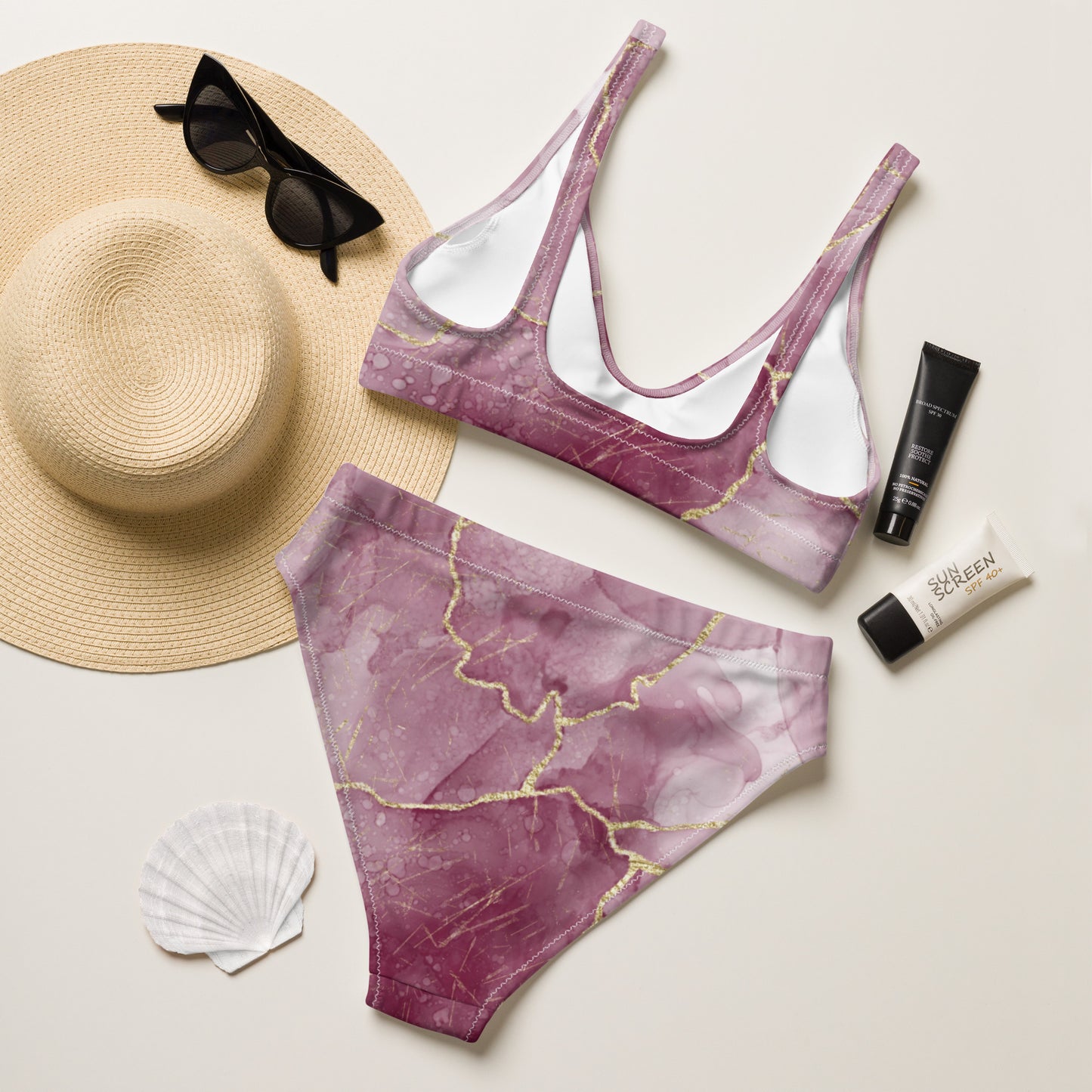 Pink Marble High-Waisted Bikini