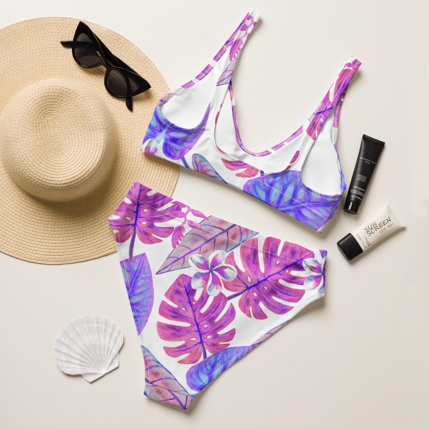 Purple Neon Leaves High Waisted Bikini