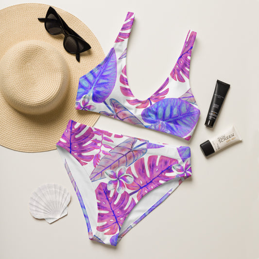 Purple Neon Leaves High Waisted Bikini