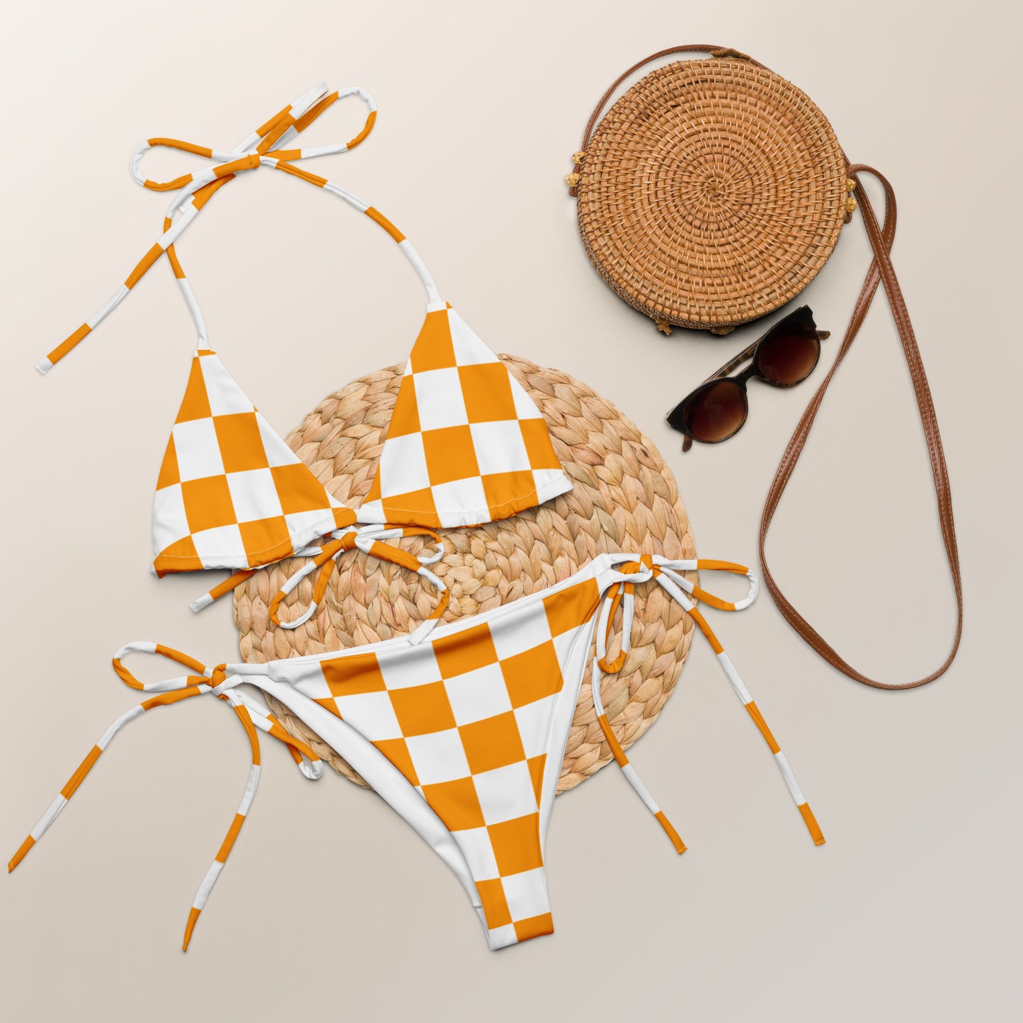 Orange Checkered String Bikini Swimsuit