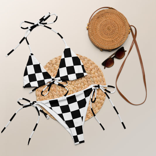 Black Checkered String Bikini Swimsuit