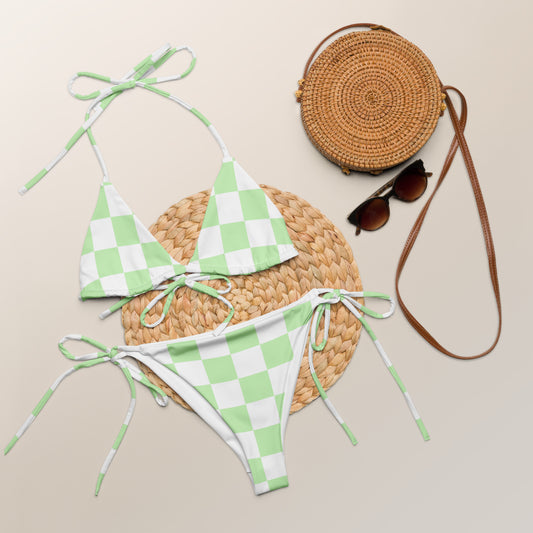 Green Checkered String Bikini Swimsuit