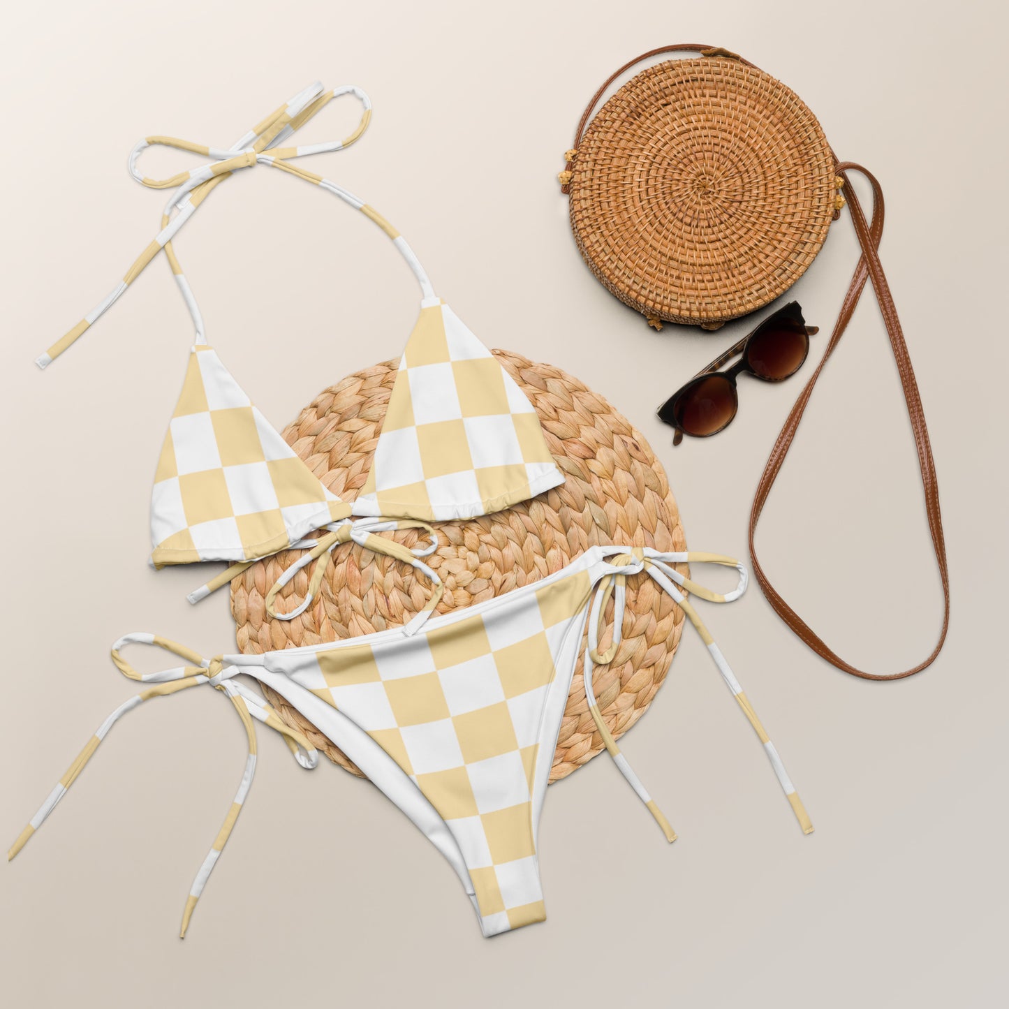 Yellow Checkered String Bikini Swimsuit