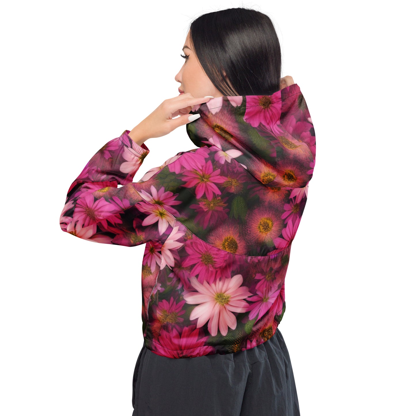 Pink Floral Womens Cropped Windbreaker