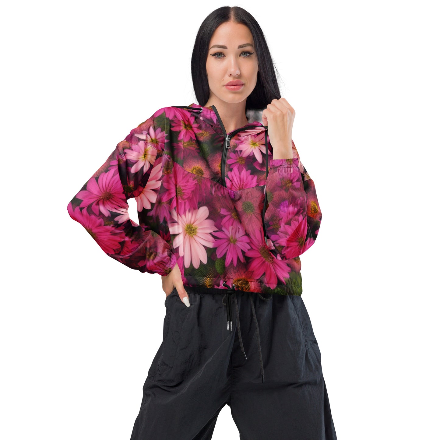 Pink Floral Womens Cropped Windbreaker