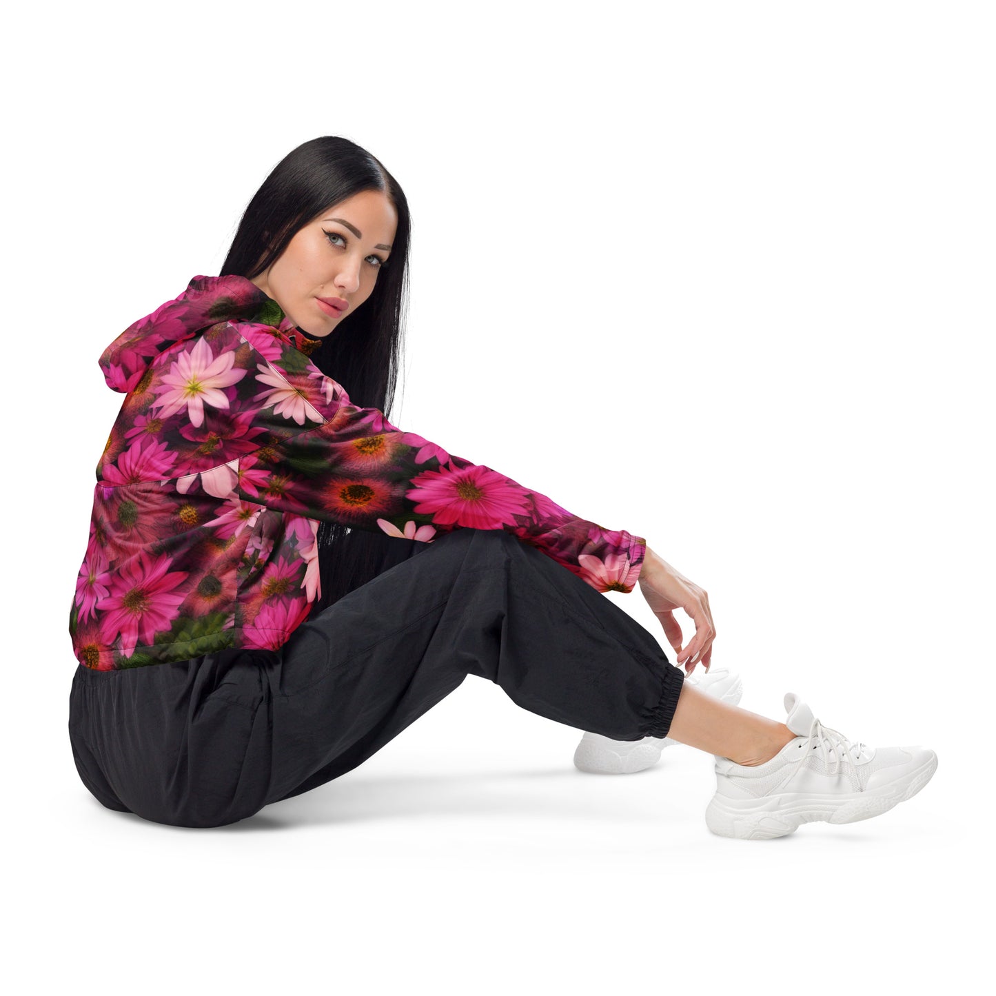 Pink Floral Womens Cropped Windbreaker