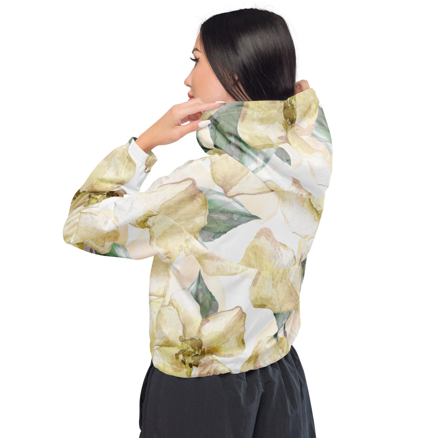 Yellow Floral Womens Cropped Windbreaker