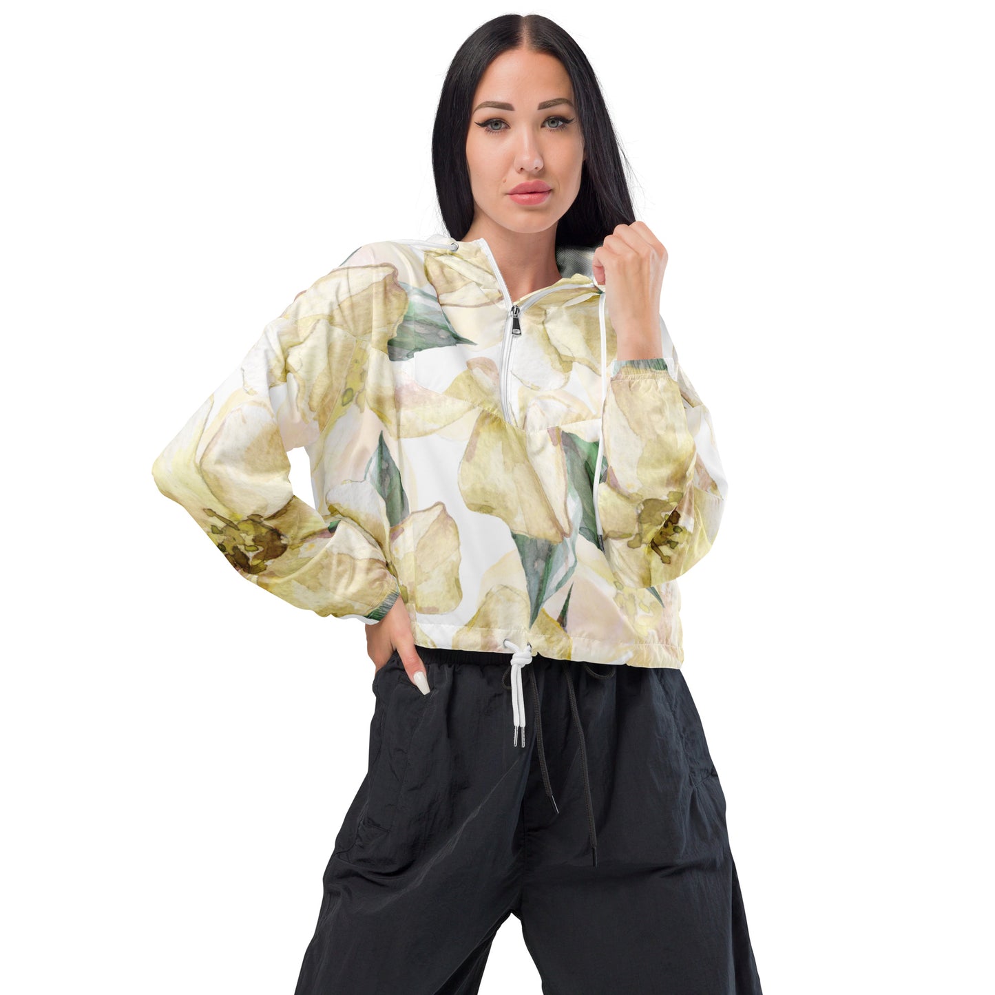 Yellow Floral Womens Cropped Windbreaker