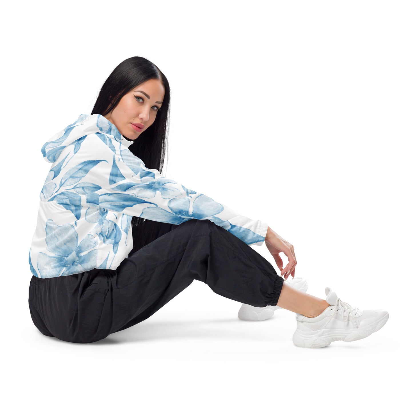 Blue Floral Womens Cropped Windbreaker