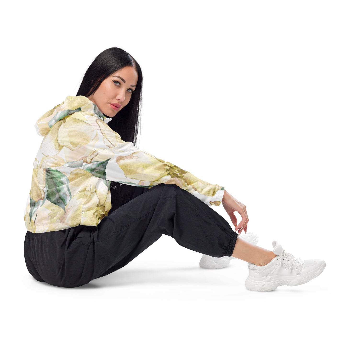 Yellow Floral Womens Cropped Windbreaker